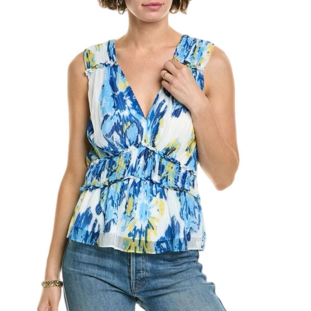 NWT Ramy Brook Milwe sleeveless floral top in bleu hues. Size L